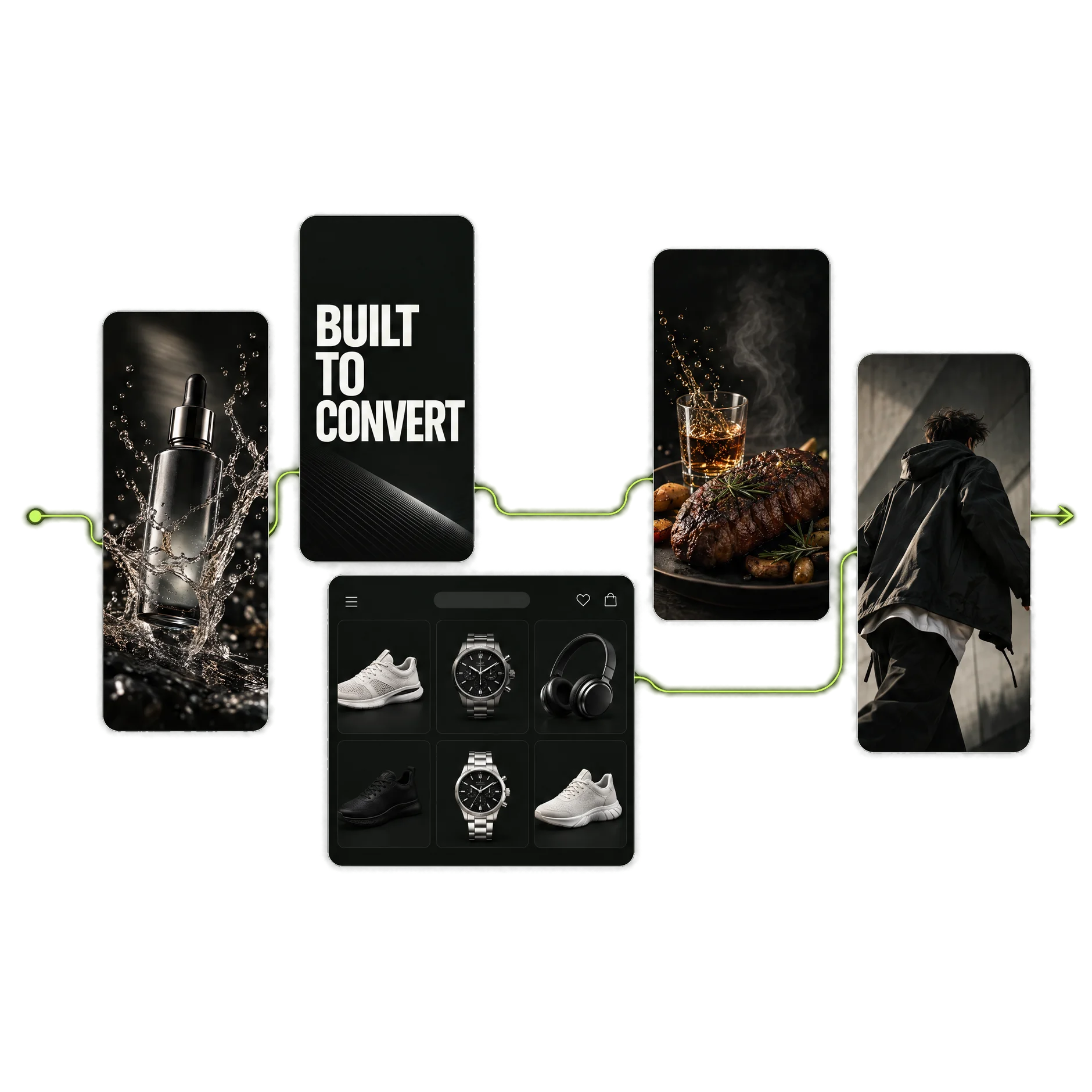 Forgia Studio creative work: product ads, a storefront grid and campaign visuals linked in one production flow